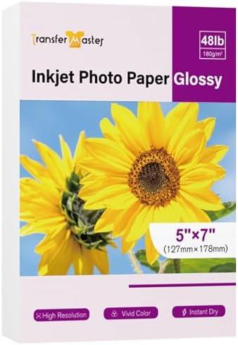 Transfer Master Glossy Inkjet Photo Paper 5X7 Inches 48lb Professional Glossy Photographic Paper for Invitation Cards for Inkjet Printer Use DYE INK 180GSM 100 Sheets