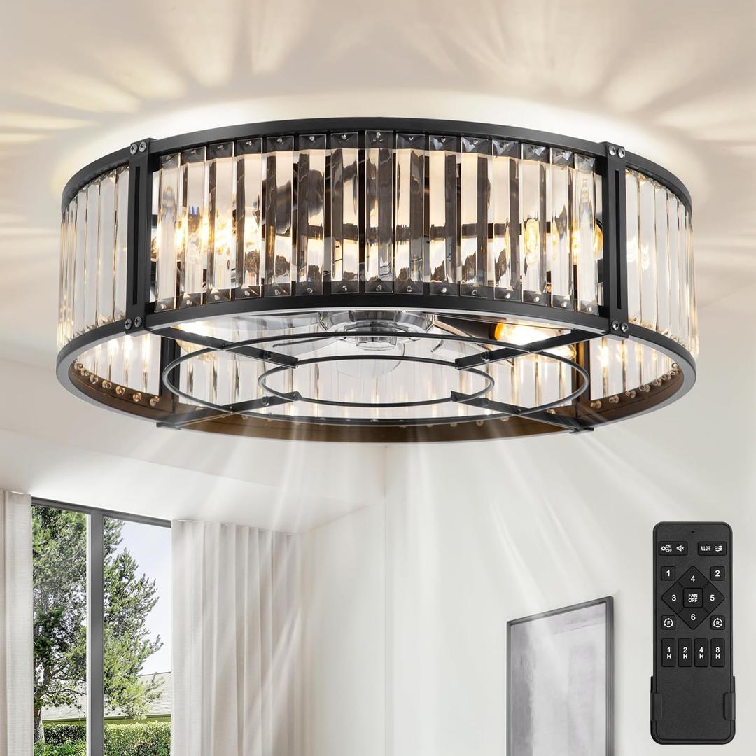 20 Inch Fandelier Ceiling Fan with Light, Crystal Chandelier Ceiling Fans, Caged Ceiling Fan with 6-Speeds, 1/2/4/8H Timer, Quiet DC Motor, Black Flush Mount Ceiling Fans for Bedroom, Living Room