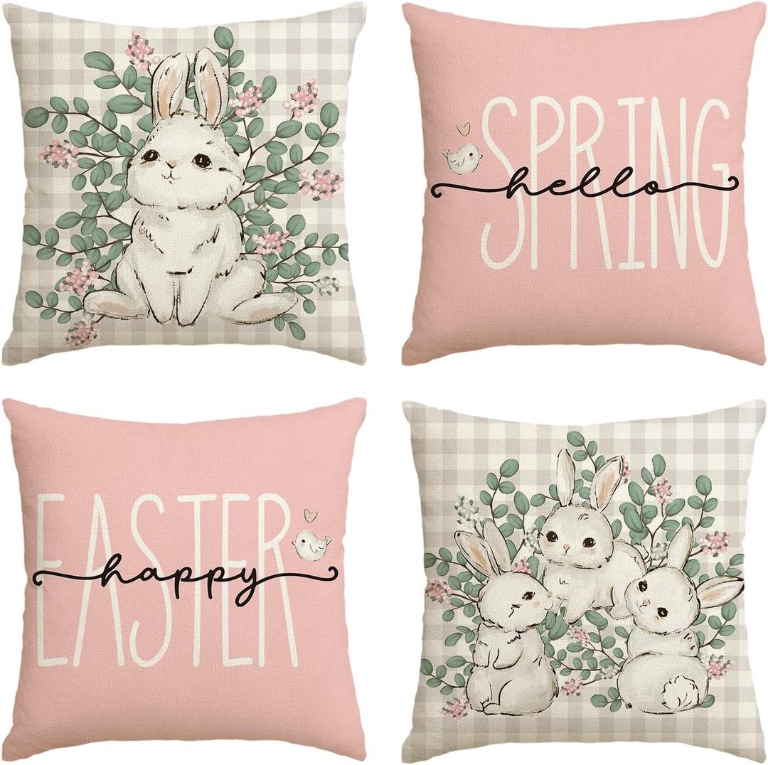 AVOIN colorlife Happy Easter Buffalo Plaid Rabbit Pink Throw Pillow Cover, 20 x 20 Inch Eucalyptus Leaves Hello Spring Cushion Case Decoration for Sofa Couch Set of 4 (20" x 12" (Pack of 4))