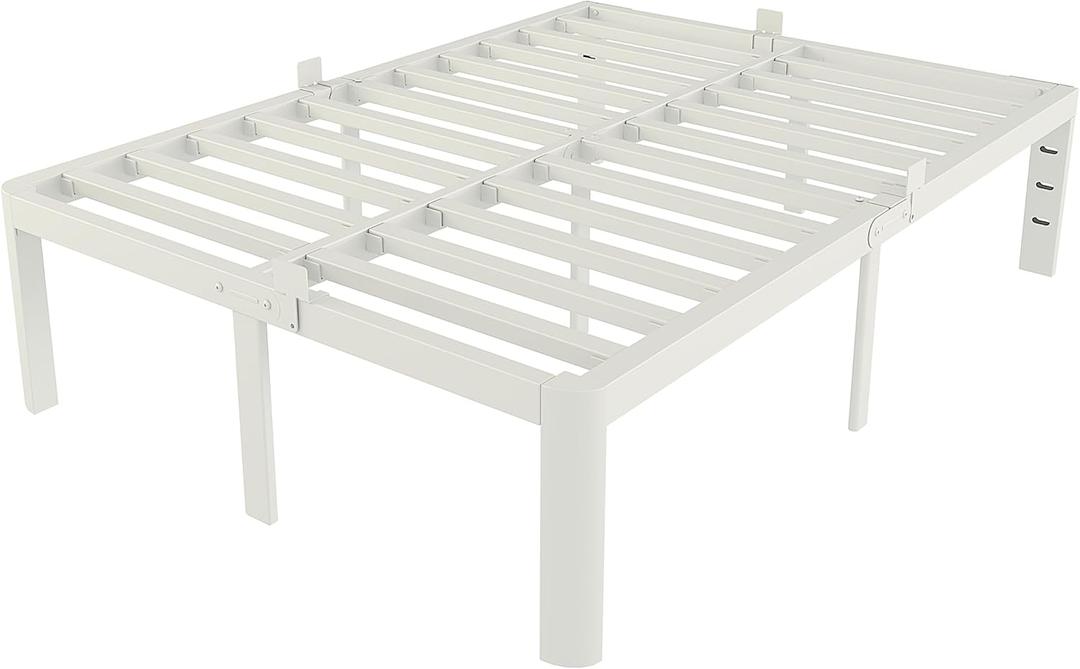 White Full Size Bed Frame 16 Inch, Metal Full Bed Frame No Box Spring Needed, Heavy Duty Steel Support 3500 LBS, DIY Headboard, Noiseless, Round Corner Legs, Storage Space, Easy Assembly