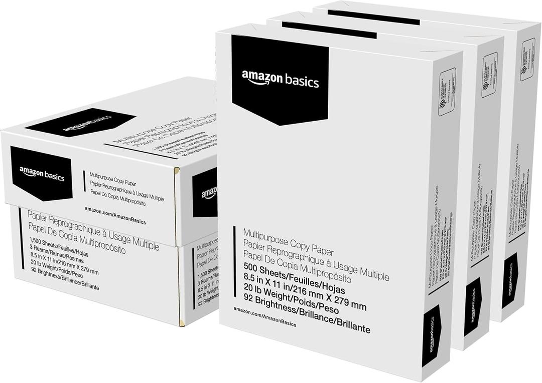 Amazon Basics Multipurpose Copy Printer Paper, 8.5 x 11 Inches, 20 lb, 92 Bright, White, 1 Ream (500 Sheets), Jam-Free