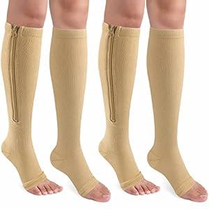 CASMON 2 Pairs Zipper Compression Socks for Women & Men, 15-20 mmHg Open Toe Knee High Support Socks for Varicose Vein Edema
