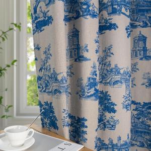 Blue Toile Curtains for Living Room 84 Inch Length 2 Panels Set Linen Toile de Jouy French Country Vintage Victorian Window Curtain Drapes for Bedroom Rod Pocket