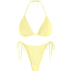 ZAFUL Textured Halter Bikini for Women 2 Piece Triangle Bikini Sets Sexy High Cut Bathing Suit Side Tie Swimsuits (Yellow, S)