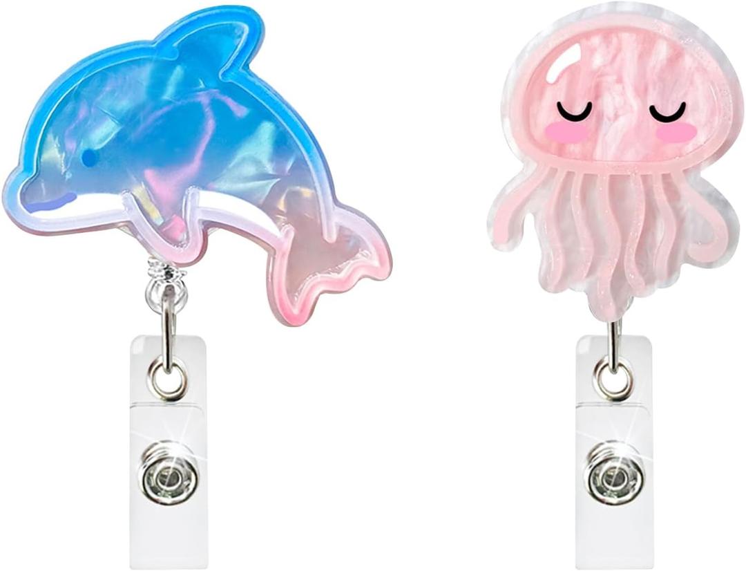 2 PCS Badge Reels Retractable Badge Holder Clip, Ocean Series Jellyfish and Dolphins Nurse Name Badge Reel Retractable 360Rotation ID Name Tag Card Badge Holder for Nurses Doctor