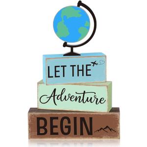 GlikCeil 4 Pcs Adventure Awaits Tiered Tray Decor Earth Day Adventure Wood Table Decoration Travel Party Centerpieces for World Bon Voyage Travel Around The World Party Home Office Desk Shelf Decors