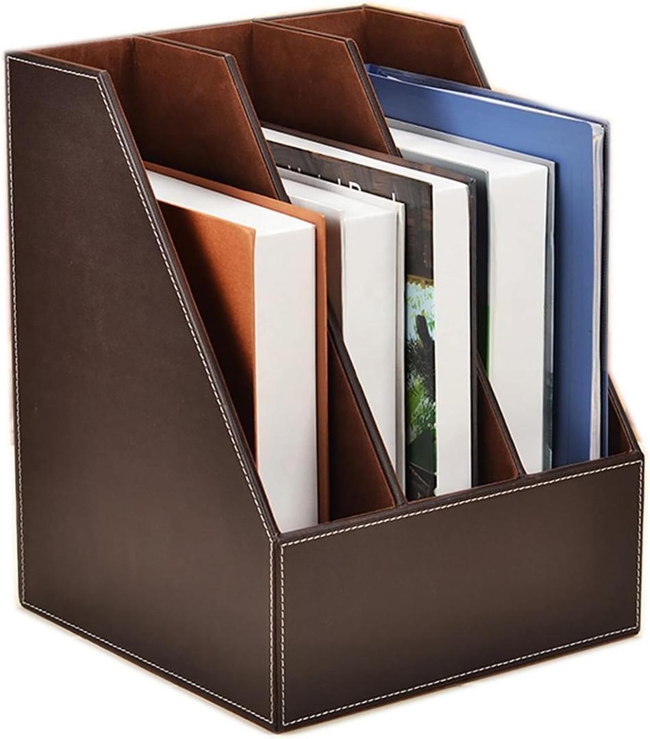 3 Tier Leather Magazine Holder - Vertical File Organizer with PU Leather Cover, Handmade Office Desk Organizer for A4/A3 Documents, Magazines, Books - Coffee (3 slot)