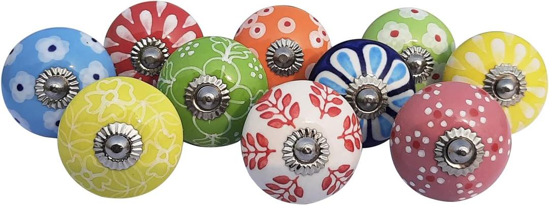 Royal Kraft Vintage Multicolor Hand Painted Ceramic Pull Knobs for Kitchen Cabinet, Door & Drawer, Wardrobe, Cupboard (Set of 10) Sknob008
