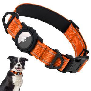 Taglory Reflective AirTag Dog Collar with Airtag Holder, Dual D-Rings, Safety Locking Buckle Durable, Adjustable Soft Padded for Medium Dogs, Orange, XS