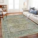 Area Rug 6'x9' Washable Vintage Traditional Floor Cover Thin Retro Kitchen Indoor Distressed Non Slip Carpet for Living Room Bedroom Dining Room (Aged Floral Green)
