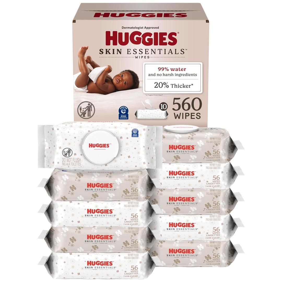 Huggies Skin Essentials Baby Wipes, Hypoallergenic, 99% Water, 10 Flip Top Packs (560 Wipes Total) (White)