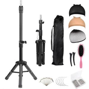 Generic Wig Stand Tripod 40"" Heavy Duty Reinforced Adjustable Mannequin Head Stand Tripod for Styling Cosmetology Hairdressing Training, Metal Wig Head Stand Holder with Wig Caps,Paddle Comb T-Pins
