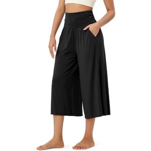 ODODOS Women's Wide Leg Palazzo Lounge Cropped Pants with Pockets Light Weight Comfy Casual Pajama Capri Pants-20 inseam, Black, Small