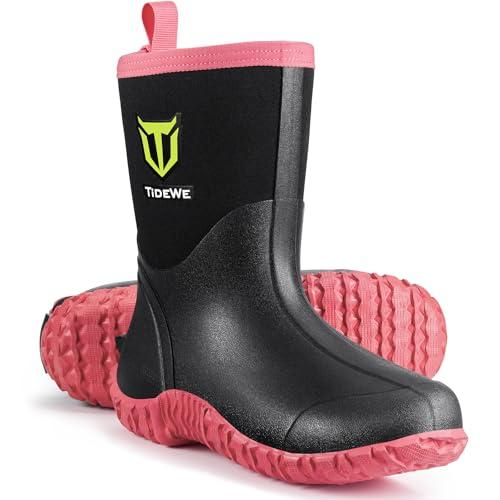 TIDEWE Rubber Boots for Women with Steel Shank, 6mm Neoprene Waterproof Insulated Mid Calf Rain Boots, Sturdy Hunting Work Boots for Farming Gardening Fishing (Black Size 9)