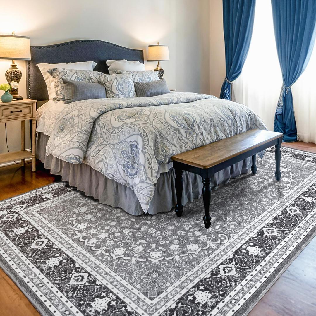 Lessymo 6x9 Bedroom Area Rugs- Machine Washable Area Rugs, Super Soft Faux-Wool Area Rug for Living Room, Boho Area Rug Vintage Floral Medallion Non-Slip Low Pile, Grey White