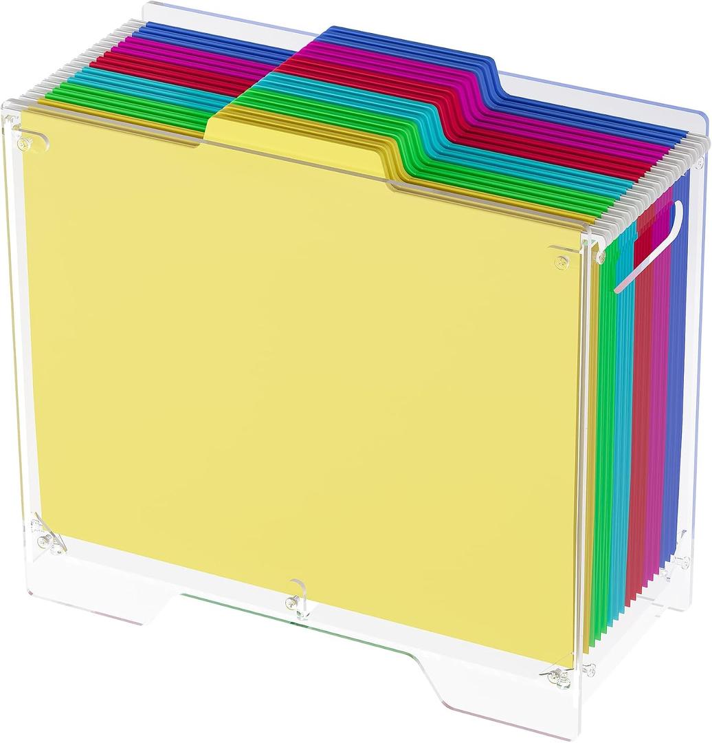 Clear Hanging File Folder Box - for Letter Size - Sturdy Vertical Acrylic Magazine Rack Desk File Organizer with Handle, Transparent Storage Bin for Office Classroom, Assembly Required