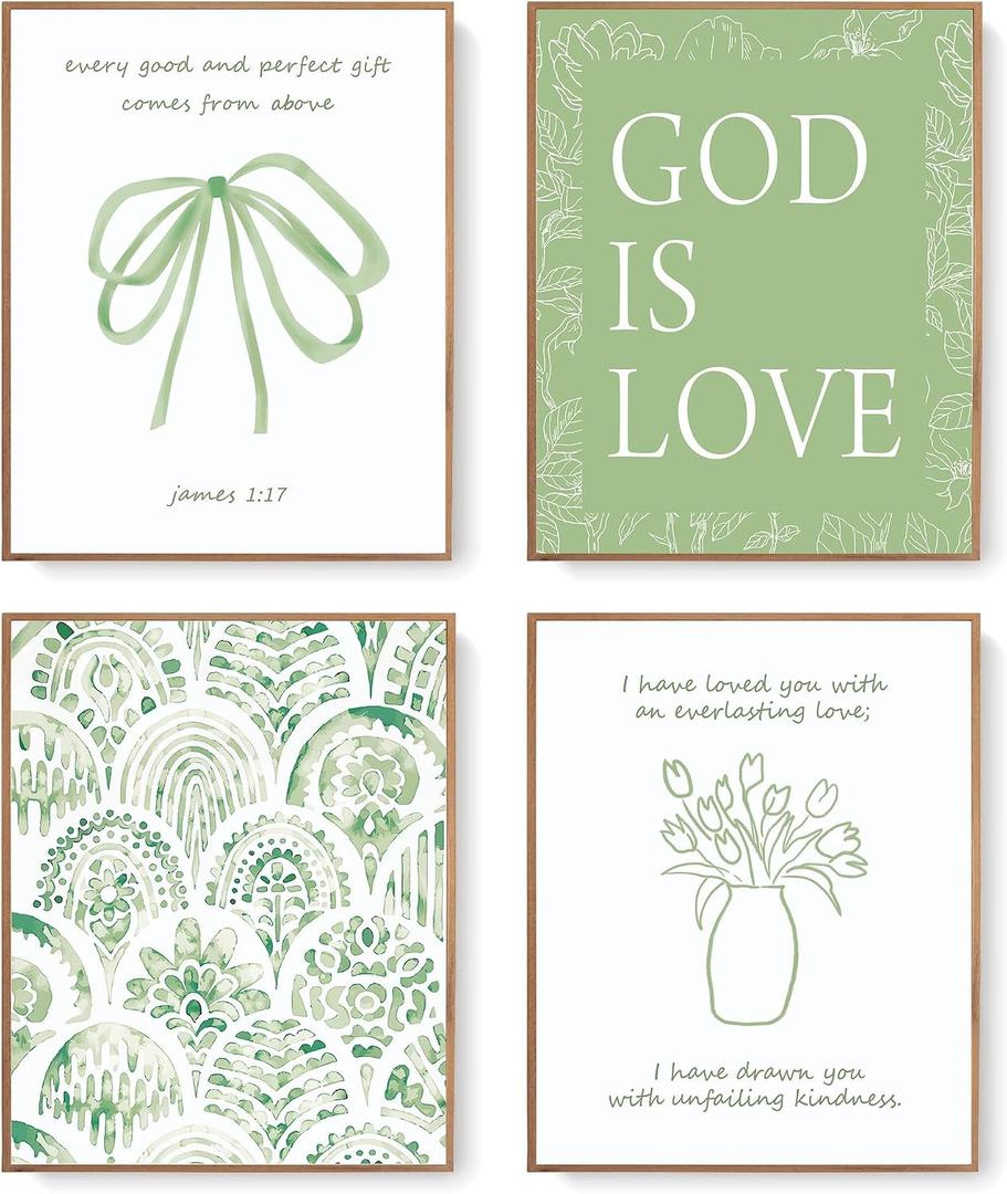 LARTSFRO Sage Green Bow Christian Wall Art Decor Posters Prints, Floral Scripture Inspirational Bible Verses Wall Decor Christian Gifts for Women, Bow Room Bedroom Bathroom Dorm Wall Art Decor Aesthetic for College Teen Girls Gifts, 10x8 Inch Set of 4 Pcs God is Love Pictures (UNFRAMED), 8X10in