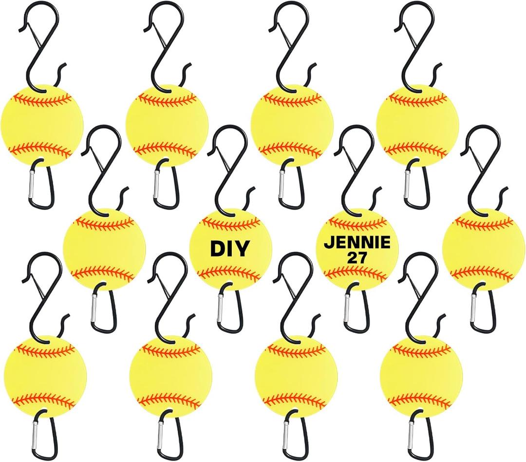 12PCS Softball Bag Fence Hooks, Metal Backpack Hooks with Writable Acrylic Board, Sports Fence Pocket Hook to Hang Baseball Bags, Water Bottles and Hats (Yellow12P)