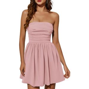 Wenrine Women's Sexy Strapless Summer Mini Dress Sleeveless Smocked A Lined Bubble Wedding Club Party Dress (Pink)