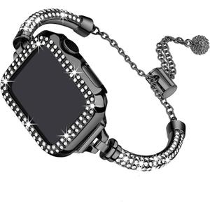 Secbolt Bling Band and Case Compatible with Apple Watch Band 38mm 40mm 41mm 42mm 44mm 45mm, Women Dressy Metal Bracelet with Rhinestone Bumper for iWatch Series 9/8/7/SE/6/5/4/3/2/1 (Black)