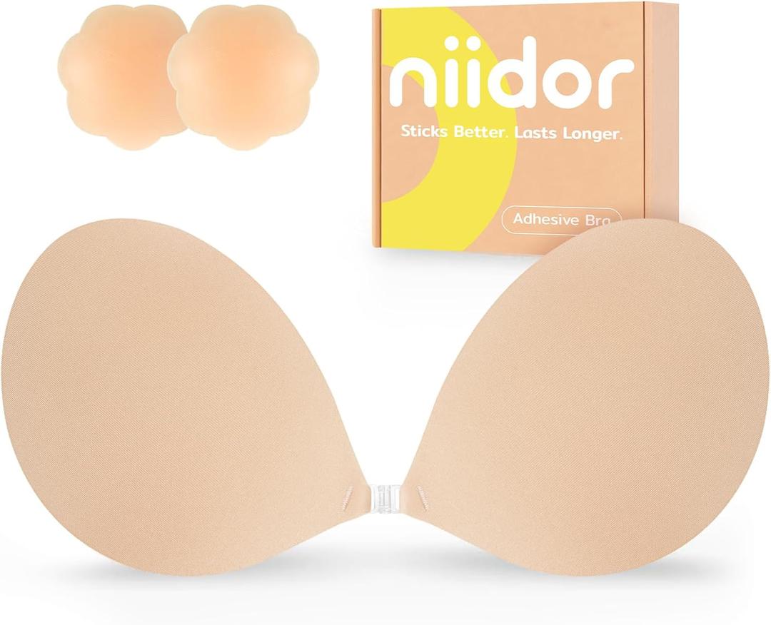 Niidor Adhesive Bra Strapless Ultra Sticky Invisible Push up Silicone Bra Multiple Colors Sizes Reusable for Backless Dress (Nude)