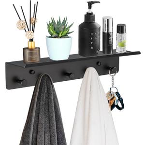 SIMVE Bathroom Towel Rack Wall Mounted, Rustproof Aluminium Shelf with 5 Bath Robe Hook, Decor Display Storage, Hot Tub Accessories, Hanging Hanger for Hat, Key, Bag Holder, Bathtub