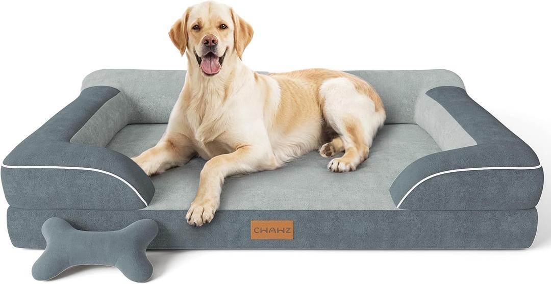 Jumbo Dog Bed for Extra Large Dogs, Orthopedic Dog Bed with Cooling Gel Memory Foam, Waterproof Pet Bed with Removable Washable Cover, 45" Pet Sofa Couch Dutch Velvet with Bone Toy, Dark Gray, Jumbo(45"L x 35"W x 9.5"Th)