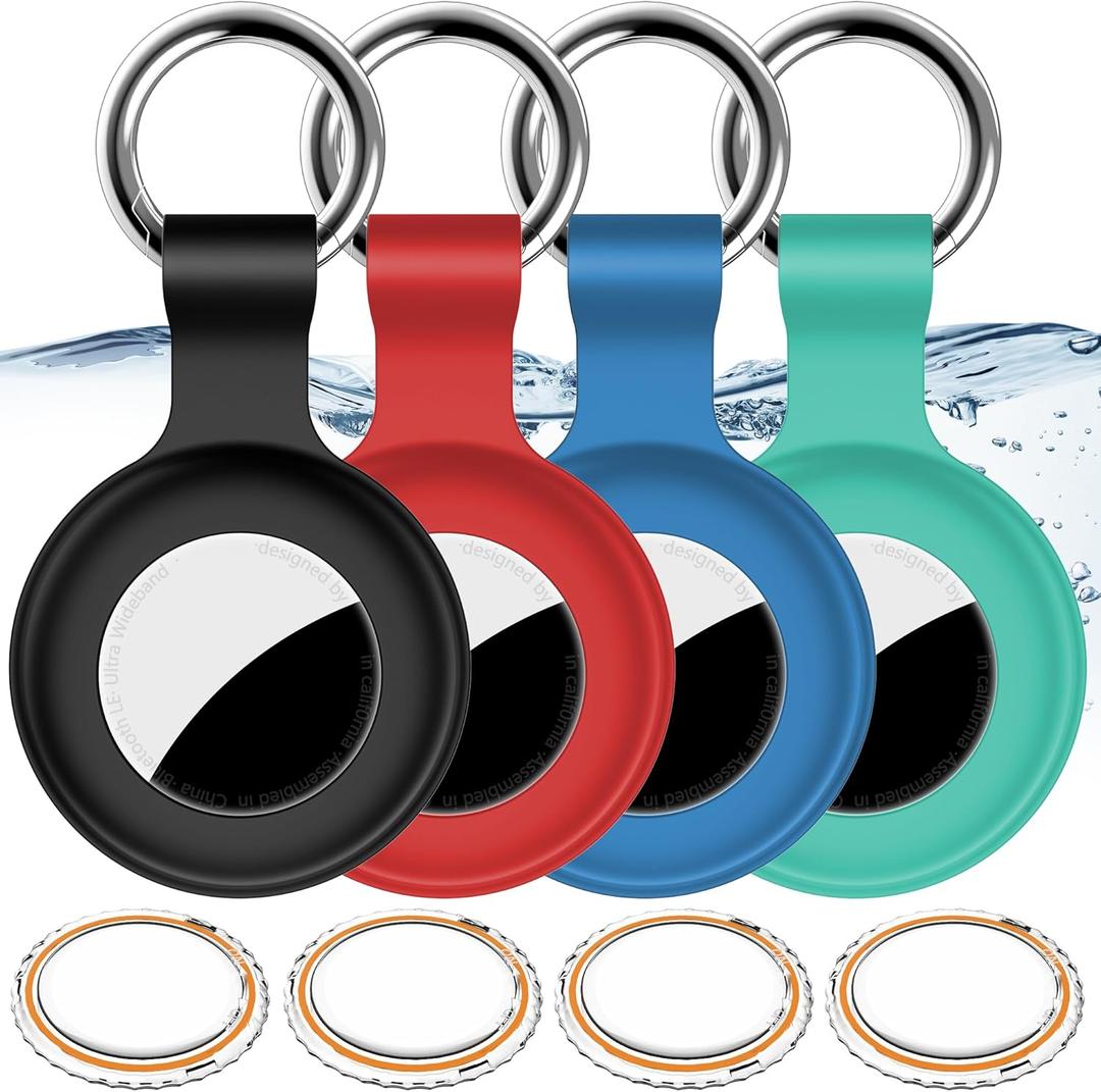 4Pack,Compatible with Airtag Holder Case with Keychain IPX8 Waterproof,Shockproof GPS Tag Tracker Cover [Anti-Scratch] [PC+Silicone] for Item Finders Case for Pets, Kids, Luggages-Black/Blue/Green/Red
