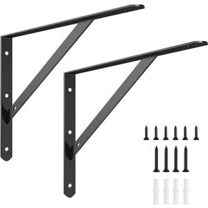 10 Inch Shelf Brackets, 2 Pack Heavy Duty L Brackets for Shelves, 90 Degree Triangle Metal Supports for DIY Floating Shelf with Screws (Black)