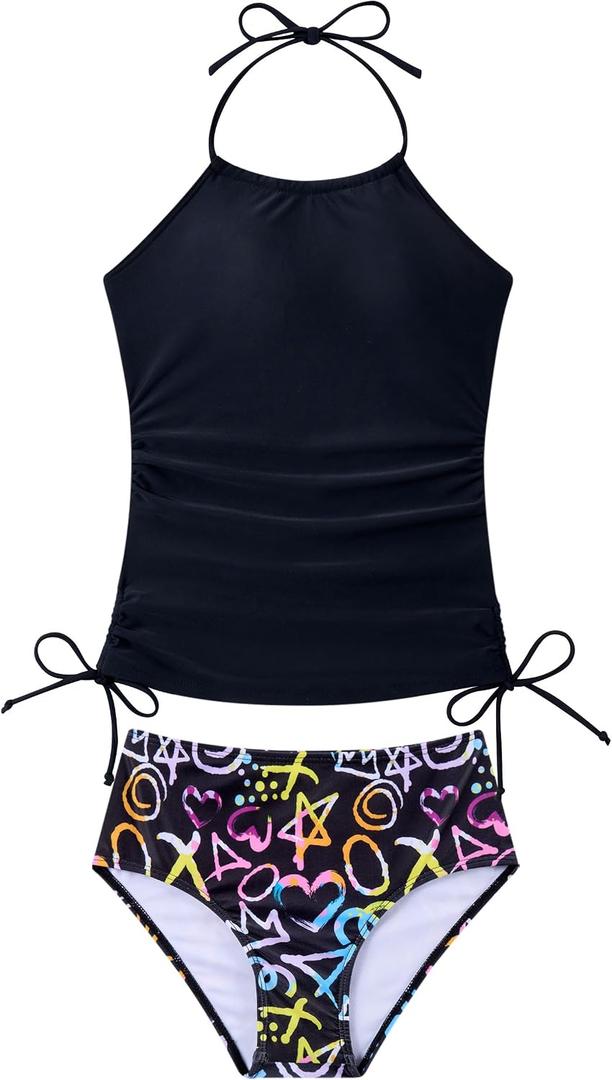 Girls Halterneck Drawstring Tankini Padded Swimsuit 2 Piece 9-16Y