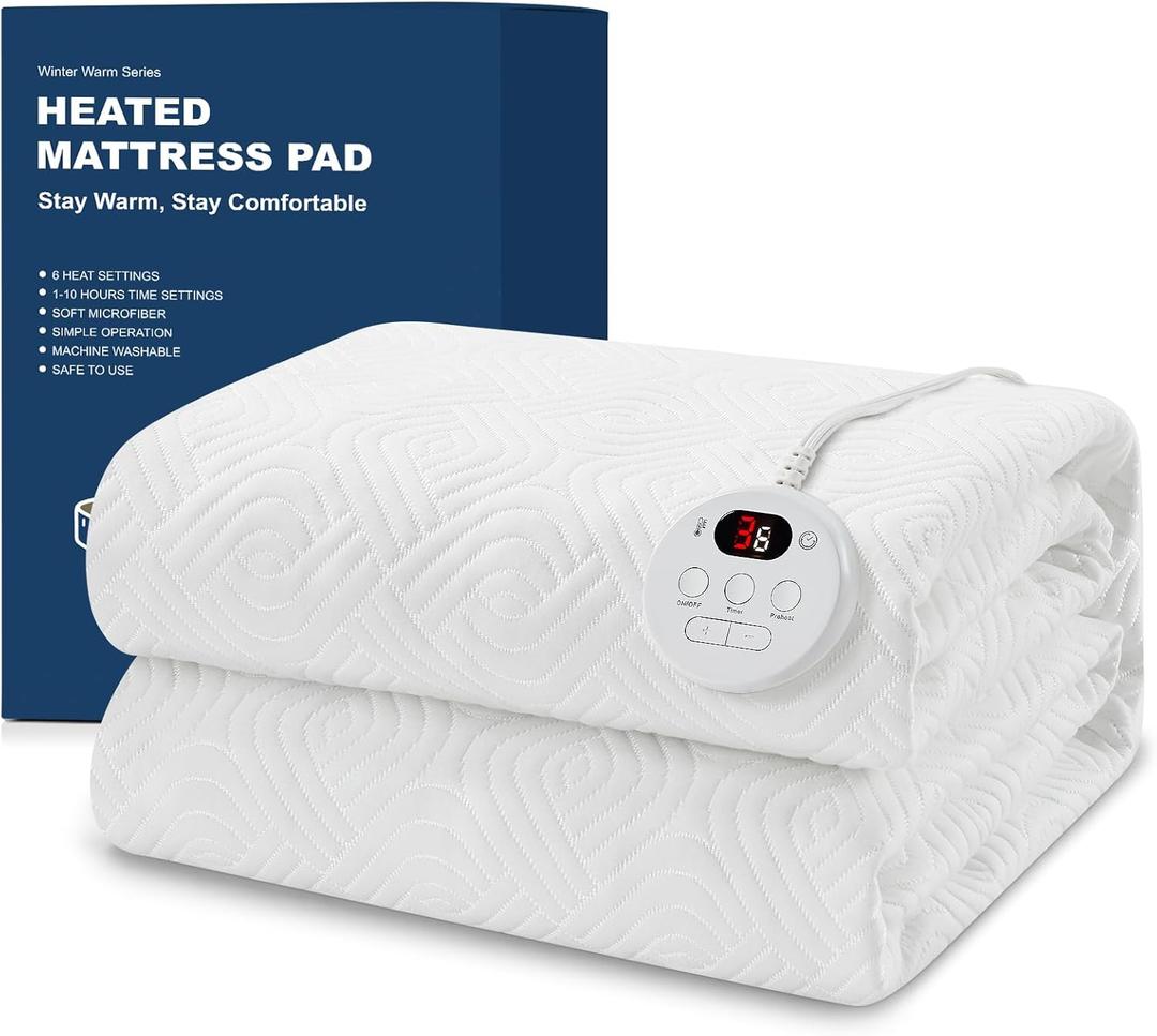 Heated Mattress Pad Full Size - Embossed Electric Mattress Pad Cover Single Control - 1-10 Hours Auto Shut Off Bed Warmer with Deep Pocket White