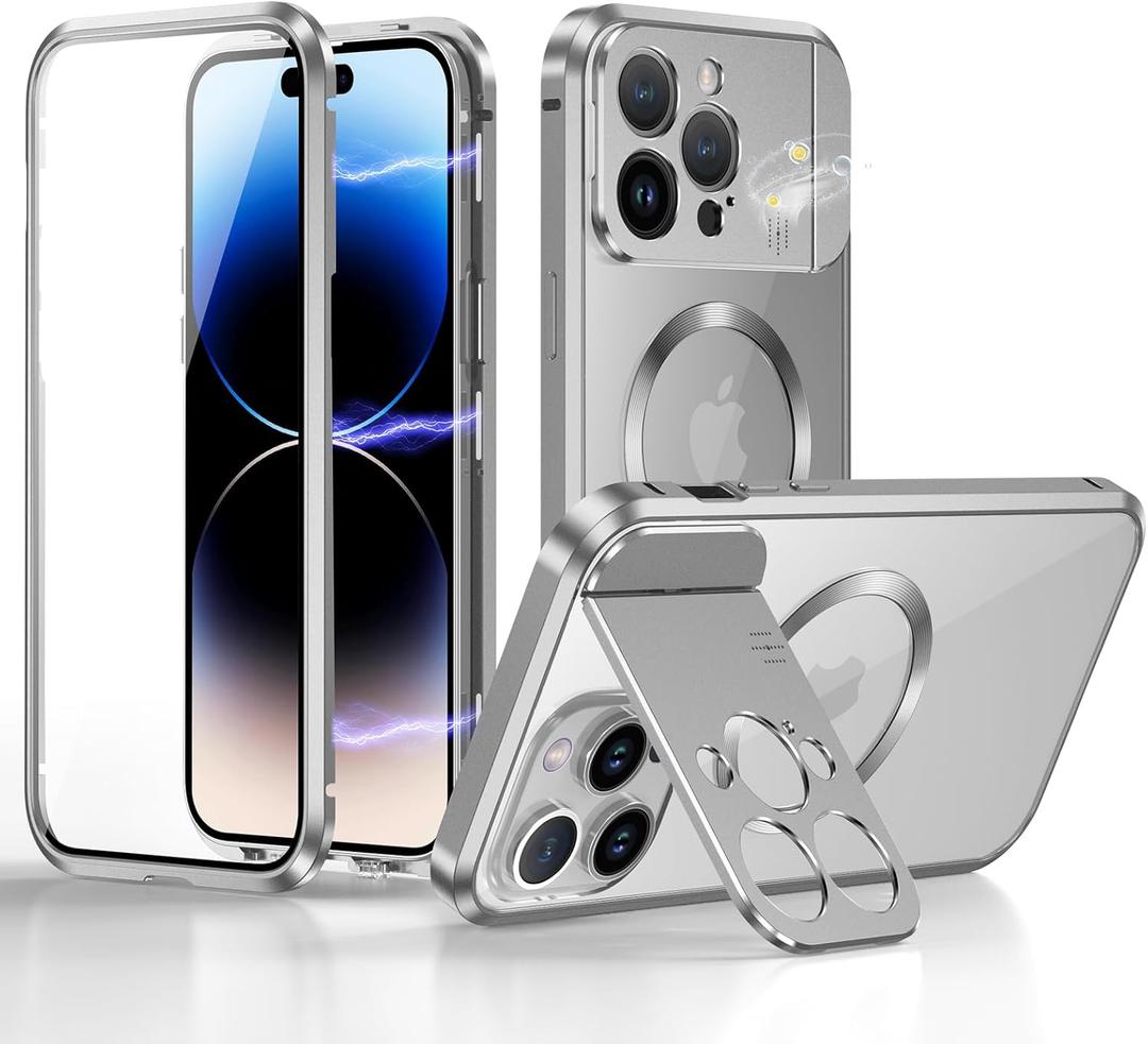 Case for iPhone 14 Pro Max with Camera Invisible Stand [Compatible with MagSafe] 360 Degree Protection Magnetic Absorption Metal Bumper Front Glass and Back PC Cover (Silver)