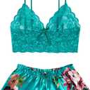 WDIRARA Women's 2 Piece Lingerie Floral Lace Cami Top with Satin Shorts Sleepwear Pajama Set (Large, Teal Green)