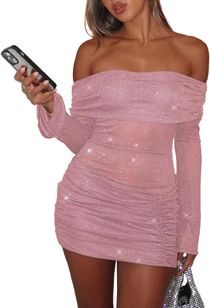 Women Sexy Off Shoulder Bodycon Mini Dress Mesh Sheer Ruched Sparkly Flared Long Sleeve Y2K Dress Club Night Out Dresses (Pink (1 Or 2 Size Up Pls))