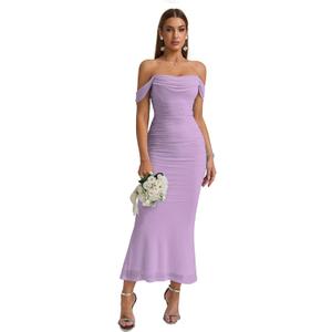 KUTUMAI Off The Shoulder Maxi Long Dress Corset Ruched Bodycon Cocktail Formal Wedding Guest Dresses for Women (Purple, L)
