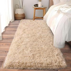 Soft Runner Rugs for Bedroom Hallways, 2x6 Beige Fluffy Shag Throw Area Rug Non Slip for Bedside Dorm, Long Shaggy Furry Carpet for Nursery Living Room (2x6 Feet(1 pc))