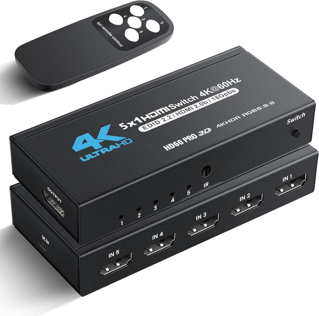 [Upgrade] NEWCARE 4K@60Hz HDMI Switch 5 in 1 Out with Type-C Charging Cable, HDMI Switcher with IR Remote,5 Port HDMI Selector Box Support HDMI 2.0, Compatible with TV PS5/4 Xbox Laptops PC Projector