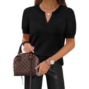 WIHOLL Short Sleeve Sweater Tops 2026 Spring Summer Trendy Knit Business Casual Essential V Neck Sweaters (Black, L)