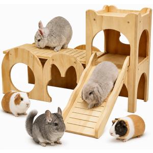 Large Bunny Hideout Wooden Bunny House with Ramp Rabbit Castle(Set of 3) | solid wood guinea pig hideout chinchilla house with detachable panels,rabbit hide with ramp hideaways and climbing areas