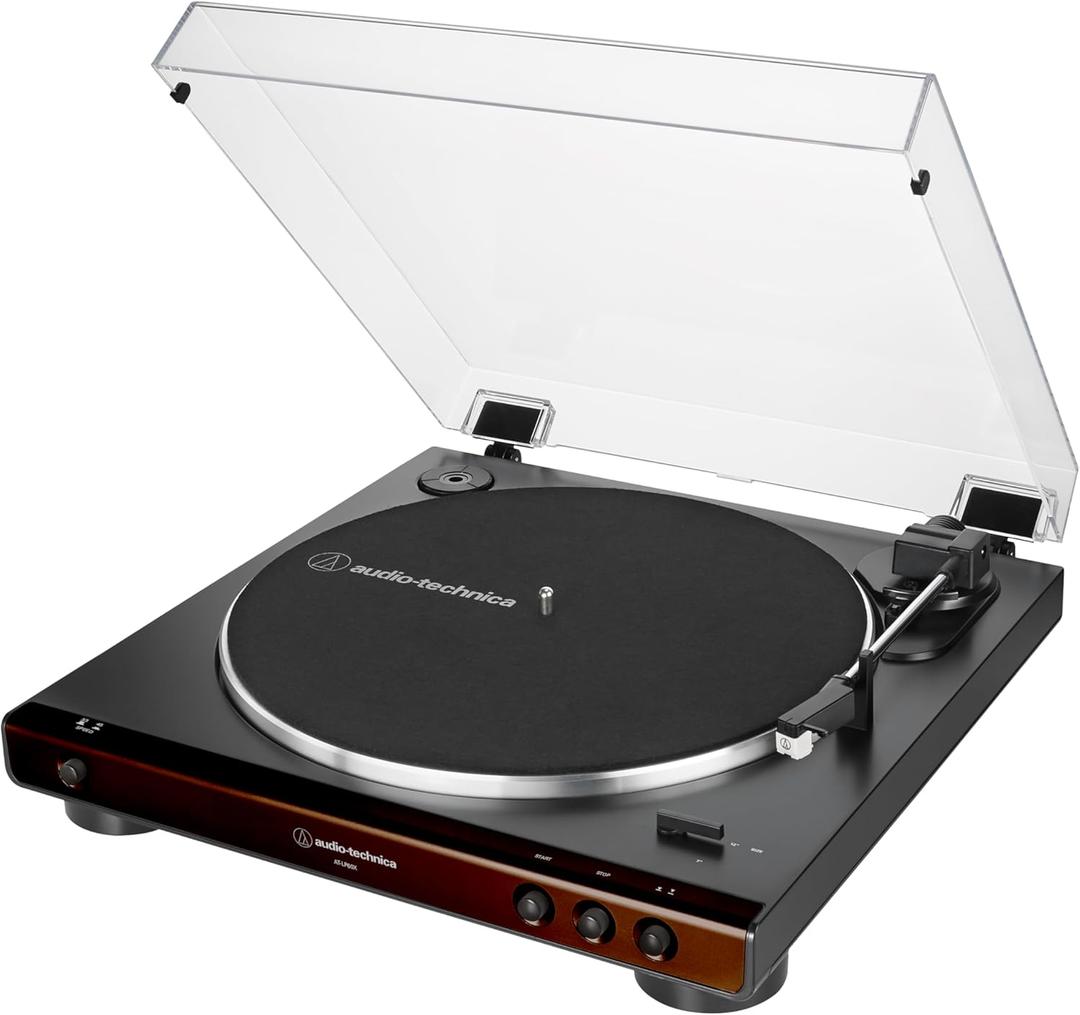 Audio-Technica At-LP60X-BW Fully Automatic Belt-Drive Stereo Turntable, Hi-Fi, 2 Speed, Dust Cover, Anti-Resonance, Die-Cast Aluminum Platter Brown