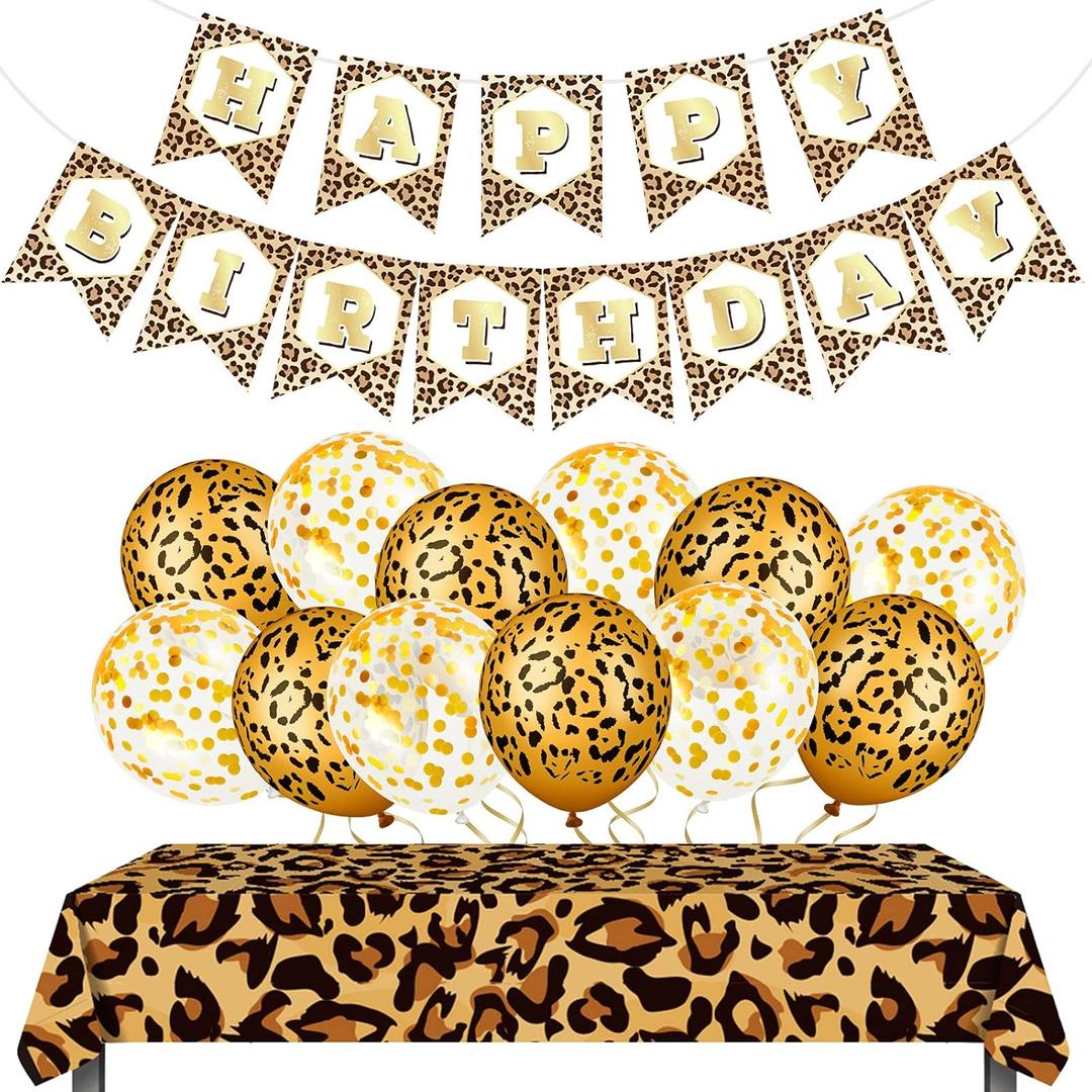 15 Pieces Cheetah Happy Birthday Decorations Leopard Print Banner Cheetah Birthday Banner Gold Balloons Leopard Print Plastic Tablecloth for Boy Girl Baby Shower Theme Supplies Decorations