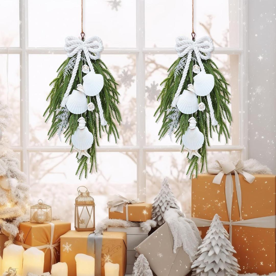2 Pcs 22'' Christmas Teardrop Swag Coastal Christmas Decor Beach Decoration with Norfolk Pine Seashells Starfish Wreath for Outdoor Front Door Mentle Fireplace