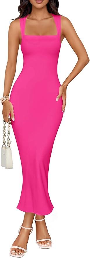 ZESICA Women's Summer Bodycon Midi Dress Sleeveless Square Neck Slim Fit Back Slit Long Cocktail Party Dresses, S Pink