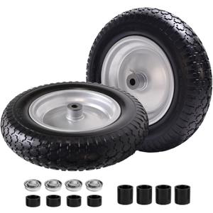 (2-Pack) 14.5" Flat Free Tire and Wheel - 3.5-8" Solid Wheelbarrow Tires with 3" -7" Centered Hub and 5/8" & 3/4"Bearings - Universal for Wheelbarrow Trolley Dolly Lawn Mover Go Kar Wheels
