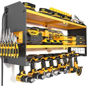 YYR Power Tool Organizer with Charging Station Wall Mount, Cordless Drill and Battery Holder for Garage Organization, Electric Tools Storage Rack Build in Surge Protection Power Strip - Yellow Shelf