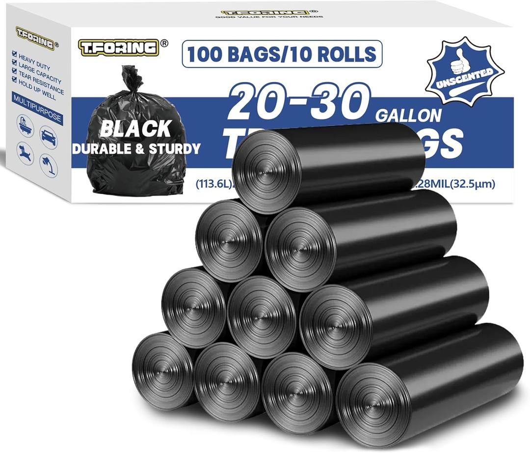 T.FORING 20-30 Gallon Garbage Bags Black - 1.28 Mil Thick, 30" x 35" Large Garbage Bags 100 Count, 20+ Gallon Heavy Duty Can Liners Unscented for Kitchen Home Office, Commercial Outdoor