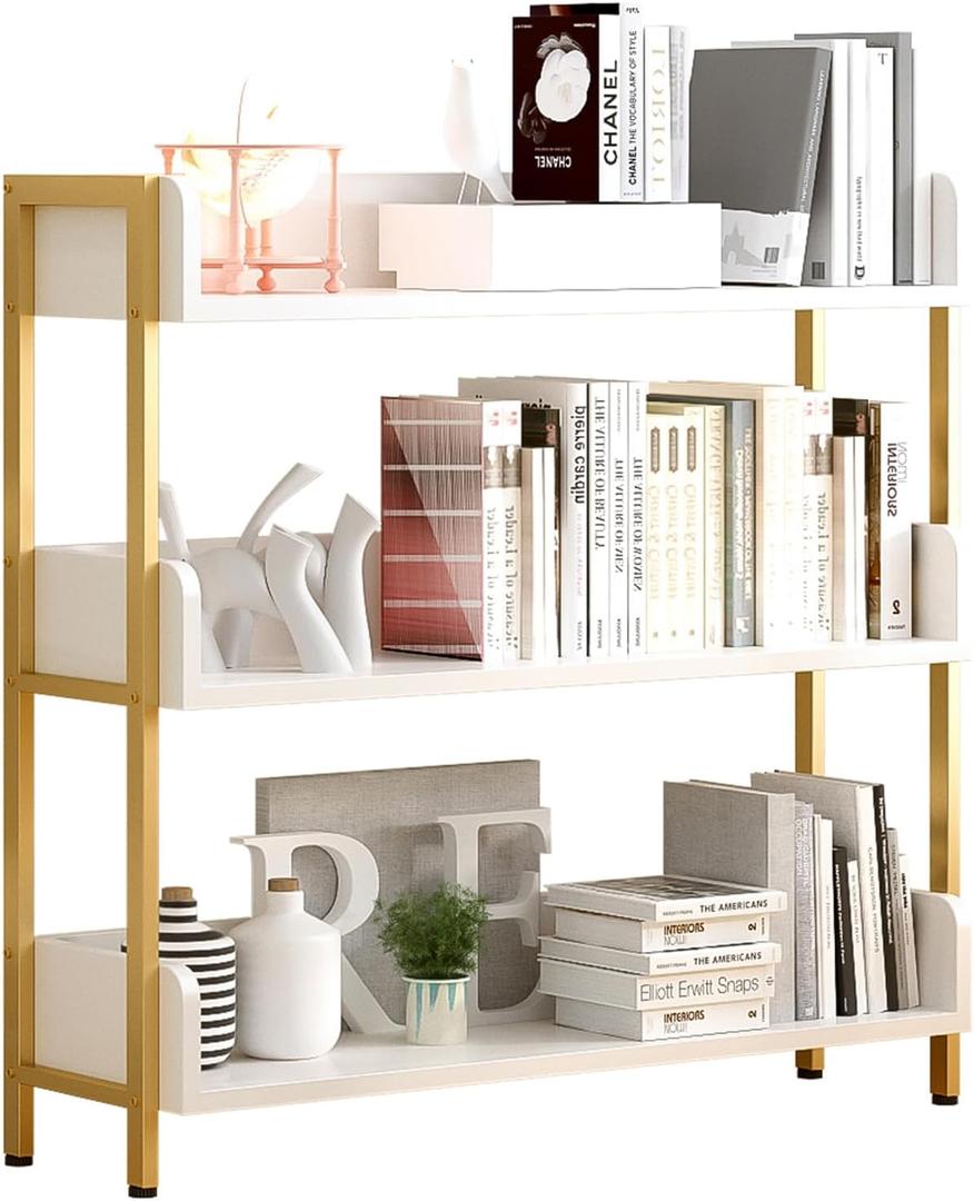 OSCHF Wide Open Shelf Bookcase - Modern 3-Tier Floor Standing Display Bookshelf with Three-Side Panels for Home and Office, Storage Shelving in Warm White with Gold Frame