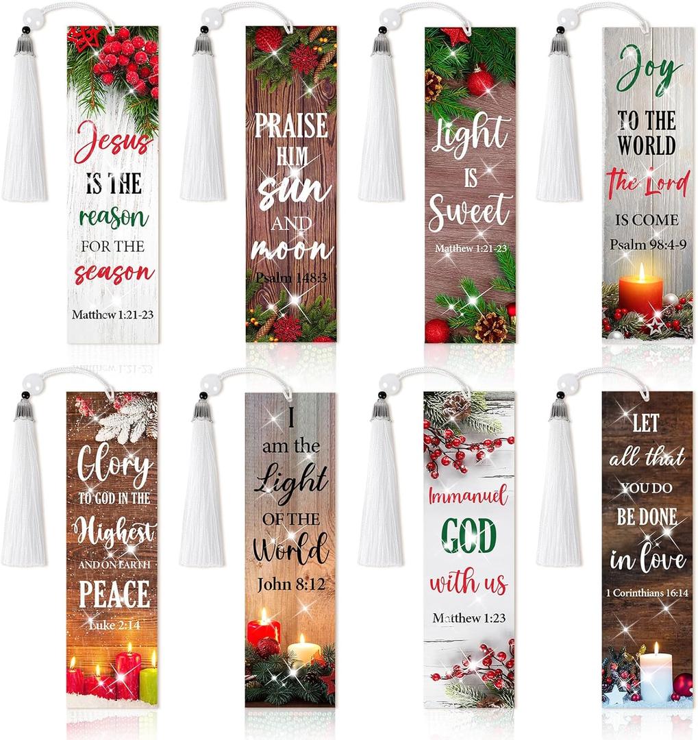 8 Pieces Christian Bible Verse Diamond Art Bookmarks 5d Christian Beaded Bookmark Acrylic Tassel Bookmark for DIY Making Beginners Kids Adults Arts Craft Supplies (Christmas Christian)