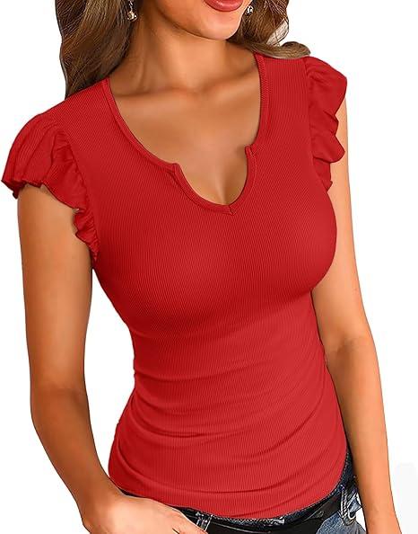 VICHYIE Summer Womens Shirt Short Ruffle Sleeve V Neck/Round Neck Ribbed Casual Tshirt Fitted Tops Blouses (Large, V-Red) L 