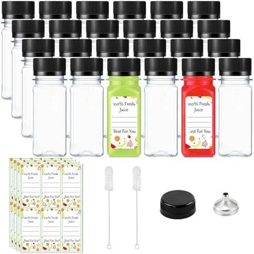 NovaHF 24 Pack 2 Oz Clear Plastic Juice Bottles with Lids, Labels & Funnel - Ideal for On-the-Go Drinks Sports & Outdoor Activities